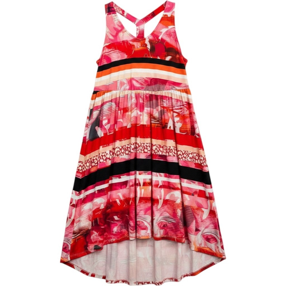 One World Womens Red Pink Abstract Stripe Studded T-Back High-Low Dress Small